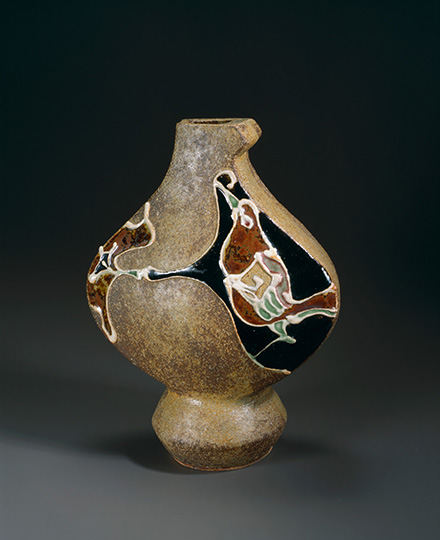 Kawai Kanjiro, Yellow Glazed Flat Jar of Slip Trailed Flower and Bird Design, 1952