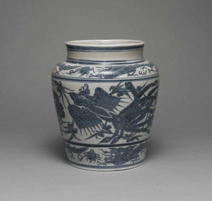 KAWAI Kanjiro, Blue Underglazed Jar of Flying Phoenix under the Flowers Design 1922